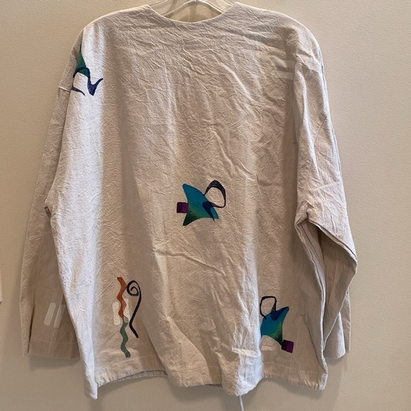 Play Alegre Hand Painted V Neck Boxy L/S Bls Jacket Draw Waist Cotton Oatmeal XL - Picture 8 of 8